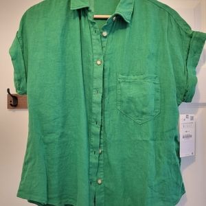 Zara Green 100% Linen Button Down Green Blouse Top NWT S